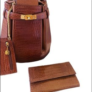 Sold Vtg Rare Bruno Magli Croc Embossed Bucket Crossbody Bag 3 Pc set